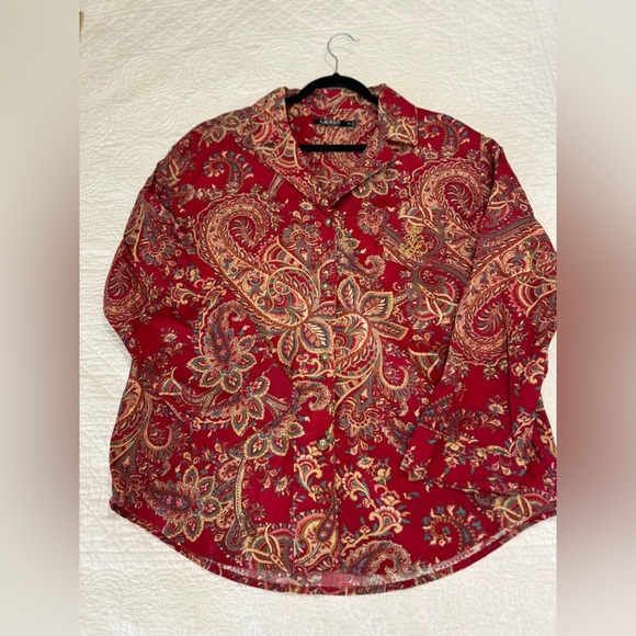 LAUREN Ralph Lauren Red/Gold Paisley Print Pajama Top. Size XL. - Picture 3 of 9
